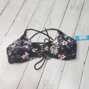 New! Ambrielle Black Floral Print Bikini Swim Top